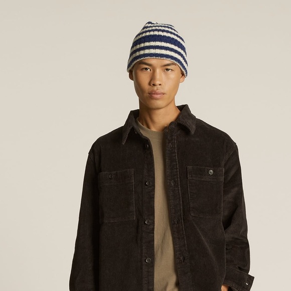 Everlane Cashmere Cap Beanie Hat Navy/Bone Stripe One Size NWT - Picture 2 of 7